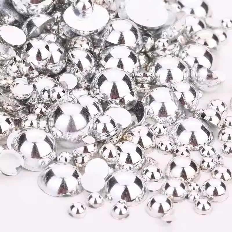 VADQZA 1000PCS Mixed Sizes 3/4/5/6/8/10mm Flatback Half Round Pearls Gems for Crafting, Silver Pearl Beads Gem Stones for Crafts Jewelry Clothes Shoes Dress Nail Art Making Embellishments (Silver) - Image 1